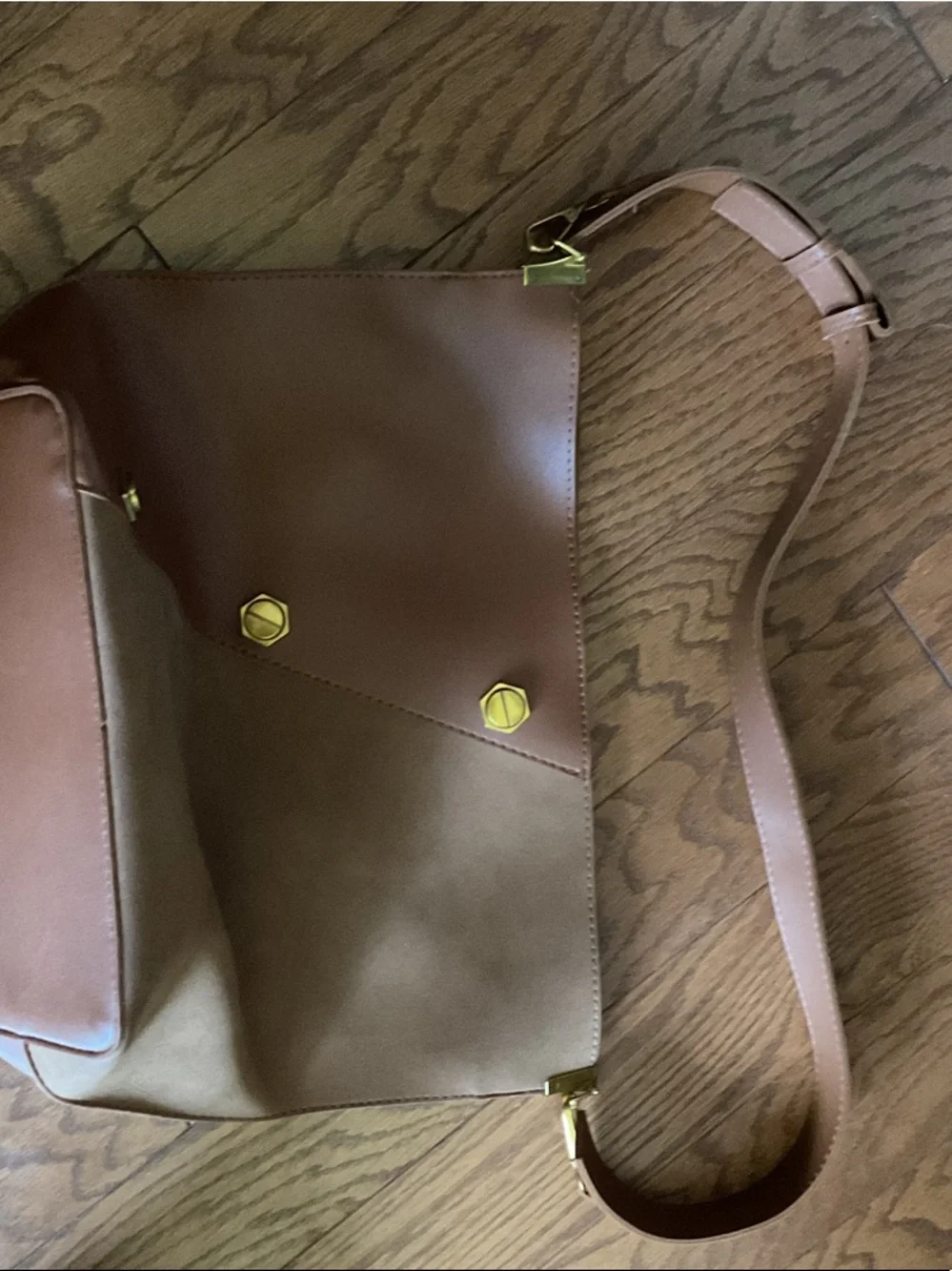 Two-Tone Brown Leather & Suede Messenger Bag with Gold Hardware